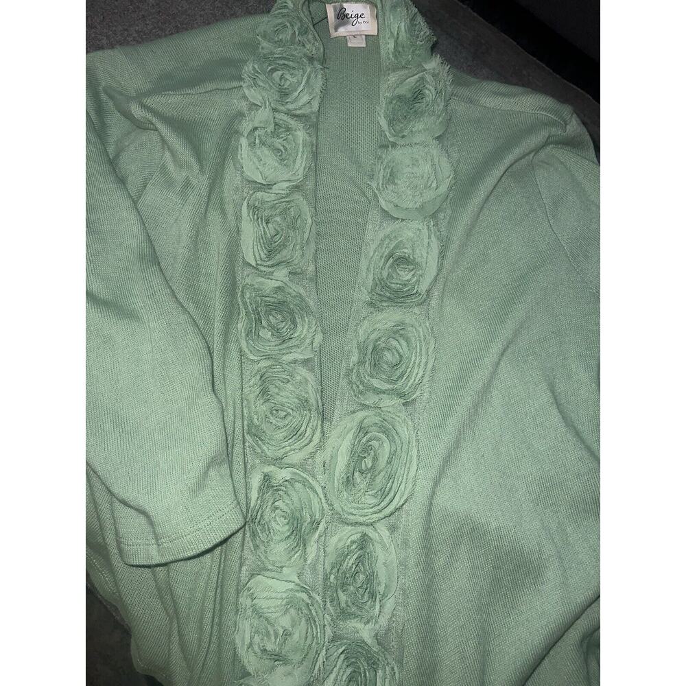 Beige By Eci Women's Sz L Green Floral Applique Flower Cardigan EUC Stein Mart